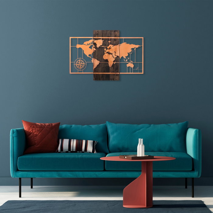 Wallity World Map With Compass - Cobre y Nogal